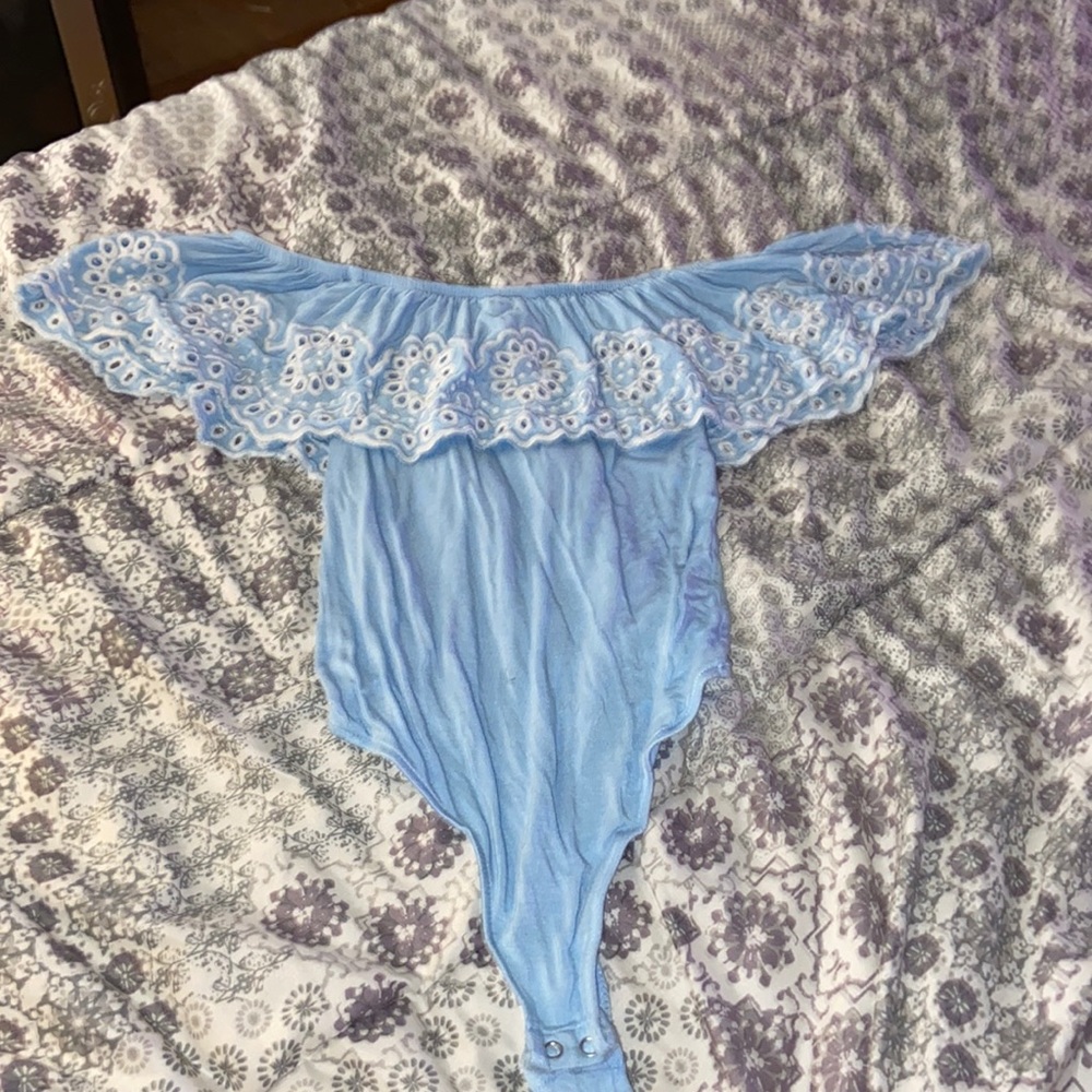 Blue off the shoulder body suit